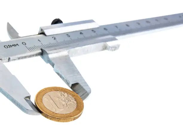 Isolated vernier caliper with a coin on white background