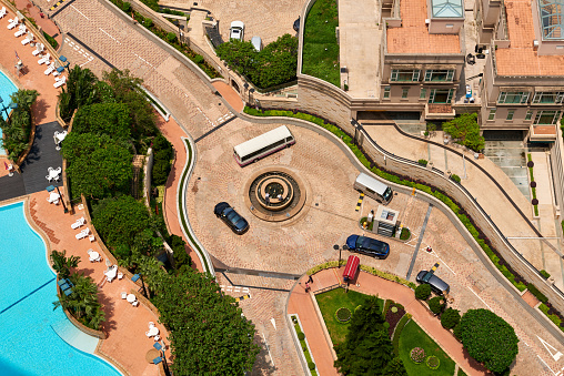 Aerial view of a traffic roundabout from Hong Kong high rise residence