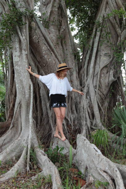 istock Young woman is standing on huge tree roots. 693853178
