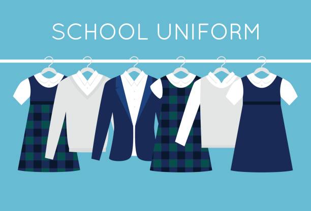 school oder college-uniformen auf kleiderbügeln in linie. kinder-kleider-vektor-set - jacket child clothing fashion stock-grafiken, -clipart, -cartoons und -symbole