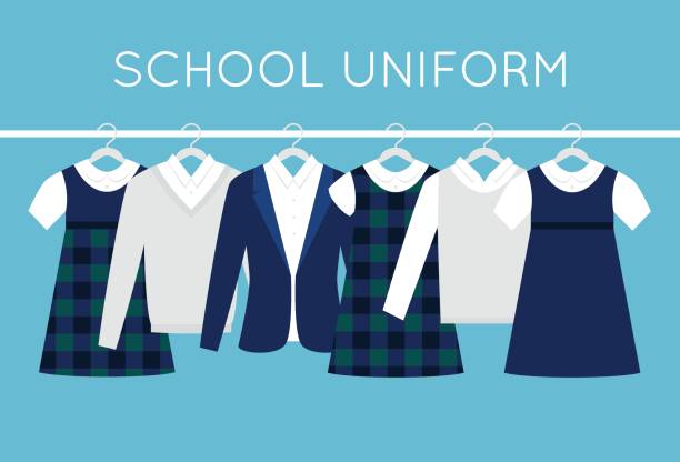 ilustraciones, imágenes clip art, dibujos animados e iconos de stock de escuela o colegio uniformes en ganchos en línea. conjunto de vector de ropa niños - uniforme de colegio