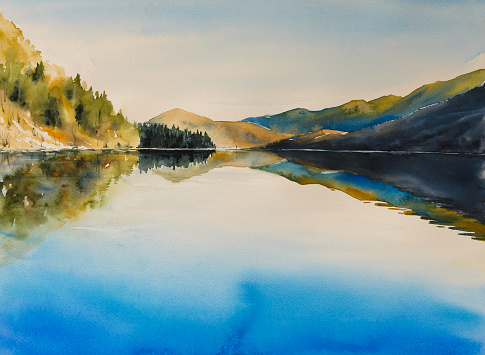 Autumn view of the Bohinj Lake (Bohinjsko jezero), Slovenia .Picture created with watercolors.