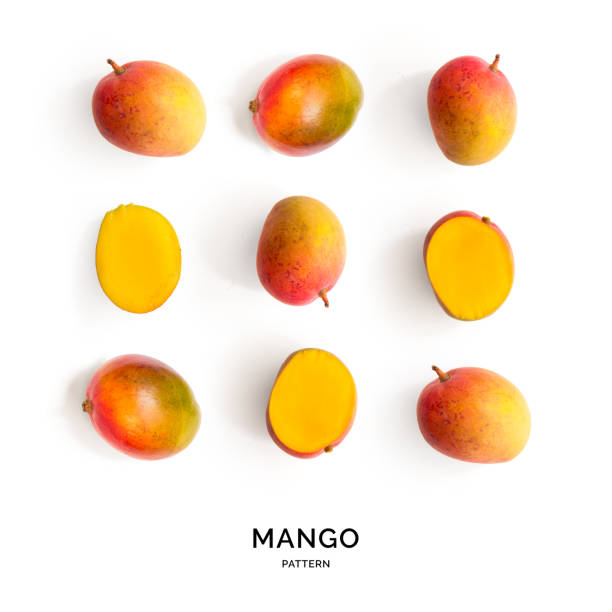 Seamless pattern with mango. Tropical abstract background. Manago on white background. mango stock pictures, royalty-free photos & images