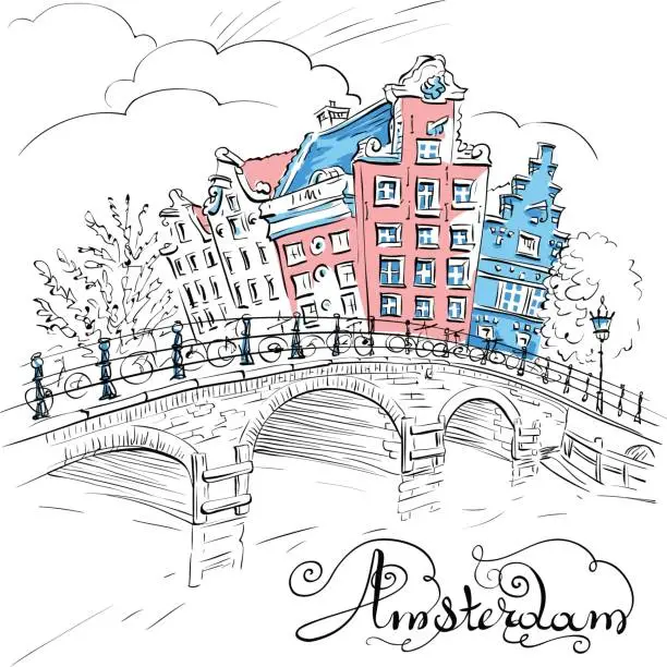 Vector illustration of Vector view of Amsterdam canal and bridge