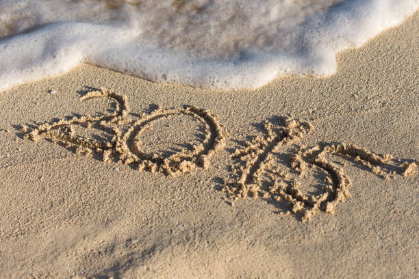 istock Inscription 2015 on sandy beach with wave's foam 693884726