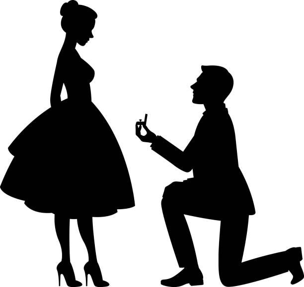 Vector illustration a man on his knees, makes a proposal to marry the woman Silhouette of a man makes a proposal to marry the woman vector illustration wedding silhouettes stock illustrations