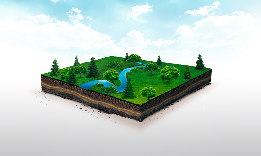 Ilustración 3D de un prado de río verde rebanada, azul de tierra con árboles aislados sobre fondo blanco photo