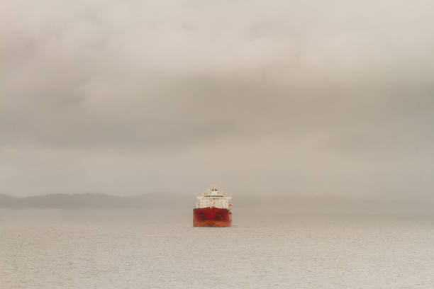 Freighter ship isolated in a bay on a cloudy day