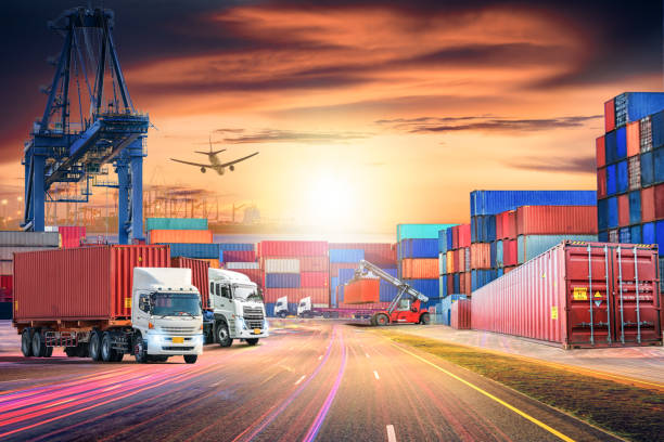 istock Logistics import export background and transport industry of Container Cargo freight ship and Cargo plane at sunset sky 693913376