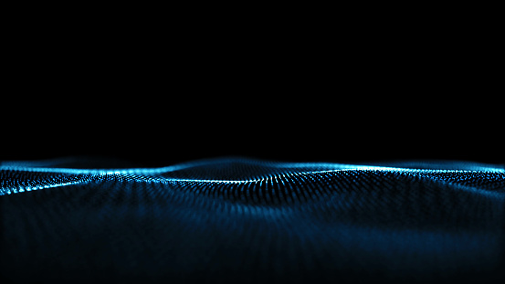 Abstract blue particles futuristic ambience with strong depht of field isolated on black