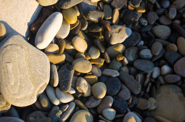 istock sea pebble beach with multicoloured stones, waves with foam 693928262