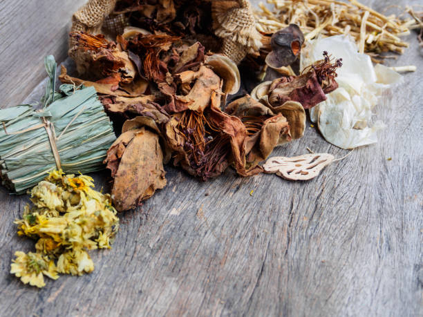 istock Dried herbal natural on rustic wooden background 693940950