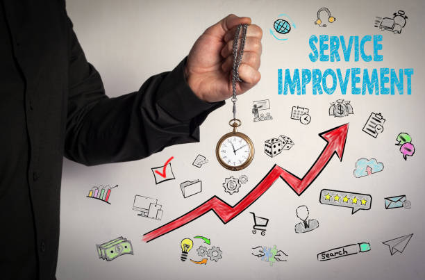 istock Service Improvement concept. Red Arrow and Icons Around. Man holding chain clock on white background 693959232