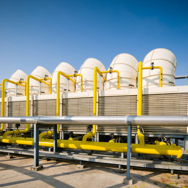 istock Rooftop cooling unit with chiller units and compressors. 693959396