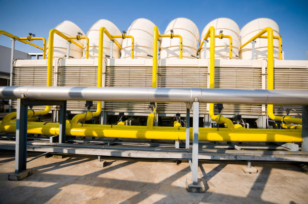 istock Rooftop cooling unit with chiller units and compressors. 693959492