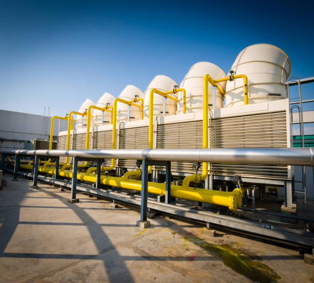 istock Rooftop cooling unit with chiller units and compressors. 693959494