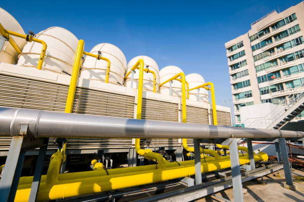 istock Rooftop cooling unit with chiller units and compressors. 693959498