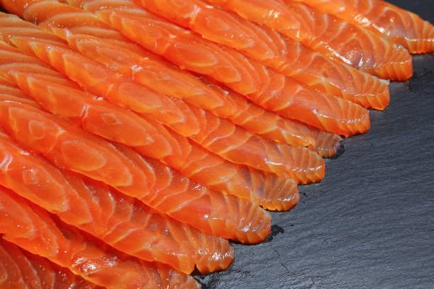 istock close-up of salmon slices on tray 693962204