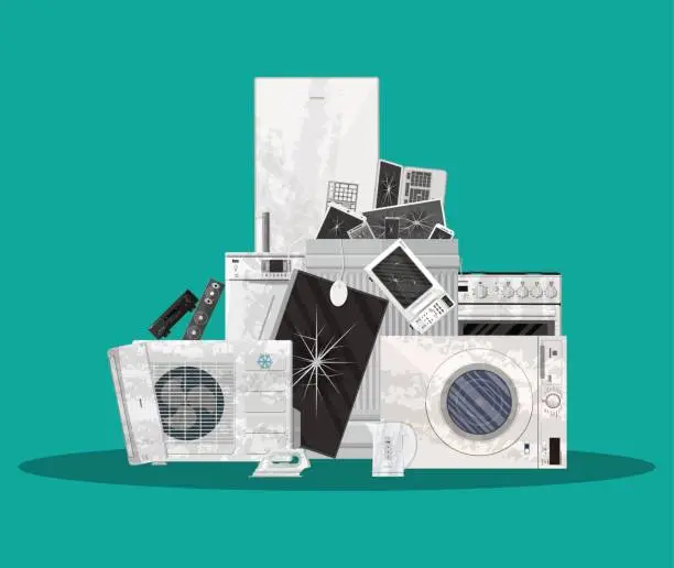 Vector illustration of E-waste electrical and electronic equipment pile