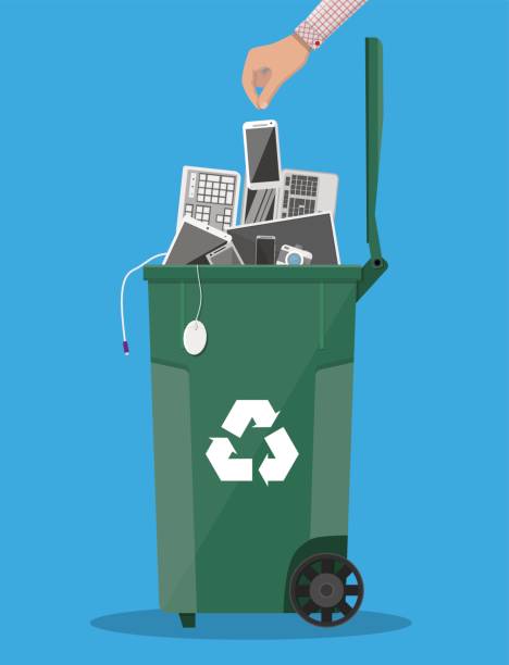 E-waste recycle bin with old electronic equipment E-waste recycle bin container with old computer equipment, phones, laptop, mouse, keyboard. Vector illustration in flat style laptop in a trash bin stock illustrations