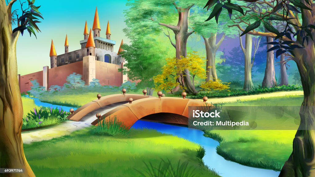 Paysage avec château de conte de fées et le petit pont au-dessus de la rivière. - Illustration de Conte de fée libre de droits