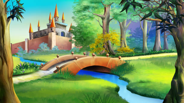 istock Landscape with fairy tale castle and small bridge over the river. 693971764