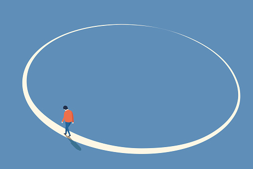 Man walking in circle from beginning and will end at the same point, abstract illustration in concept of lost way, endless journey, think or do something again, back to starting.