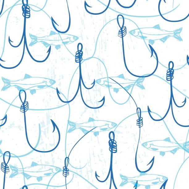bezszwowy wzór z haczykami wędkarskimi i rybami / ręcznie rysowaną ilustracją z atramentem na temat wędkarstwa - drop set water vector stock illustrations