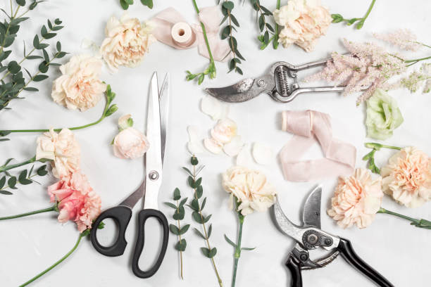 istock flowers and garden tools. The florist work table with accessories light background. 693984558