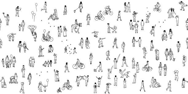 Seamless banner of tiny people Seamless banner of tiny people, can be tiled horizontally: pedestrians in the street, a diverse collection of small hand drawn men and women walking through the city small illustrations stock illustrations