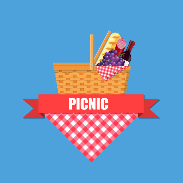 ilustrações de stock, clip art, desenhos animados e ícones de wicker picnic basket - basket apple wicker fruit