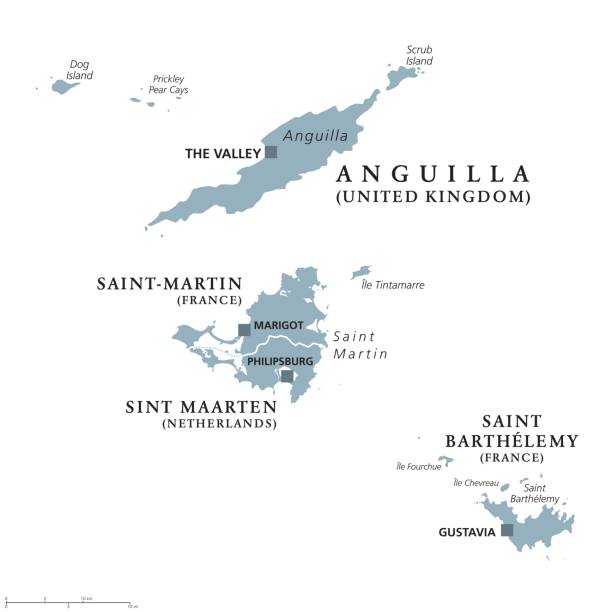 Anguilla, Saint-Martin, Sint Maarten and Saint Barthelemy political map Anguilla, Saint-Martin, Sint Maarten and Saint Barthelemy political map. Islands in the Caribbean, part of Leeward Islands and Lesser Antilles. Gray illustration over white. English labeling. Vector. french overseas territory stock illustrations