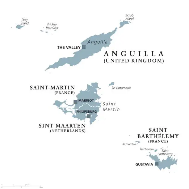 Vector illustration of Anguilla, Saint-Martin, Sint Maarten and Saint Barthelemy political map