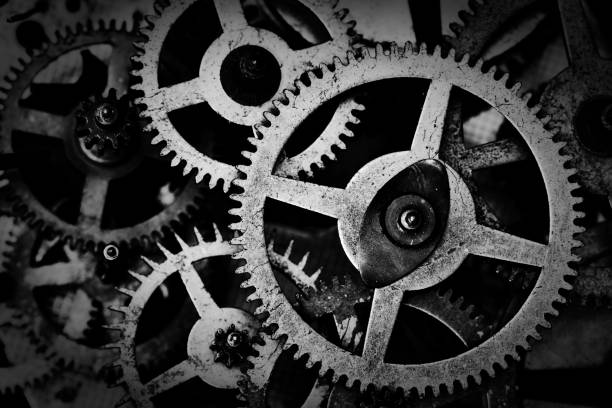 istock Grunge gear, cog wheels black and white background. Industrial, science 694000458