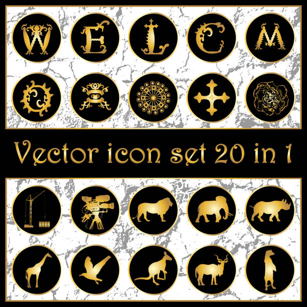 illustrations, cliparts, dessins animés et icônes de ensemble d’or vintage vector icon logo 20 en 1 avec les lettres « w, e, l, c, o, m », des silhouettes animaux, ornements, croix, grue, appareil photo, masque et fleurs sur fond noir. illustration vectorielle - camera sculpture