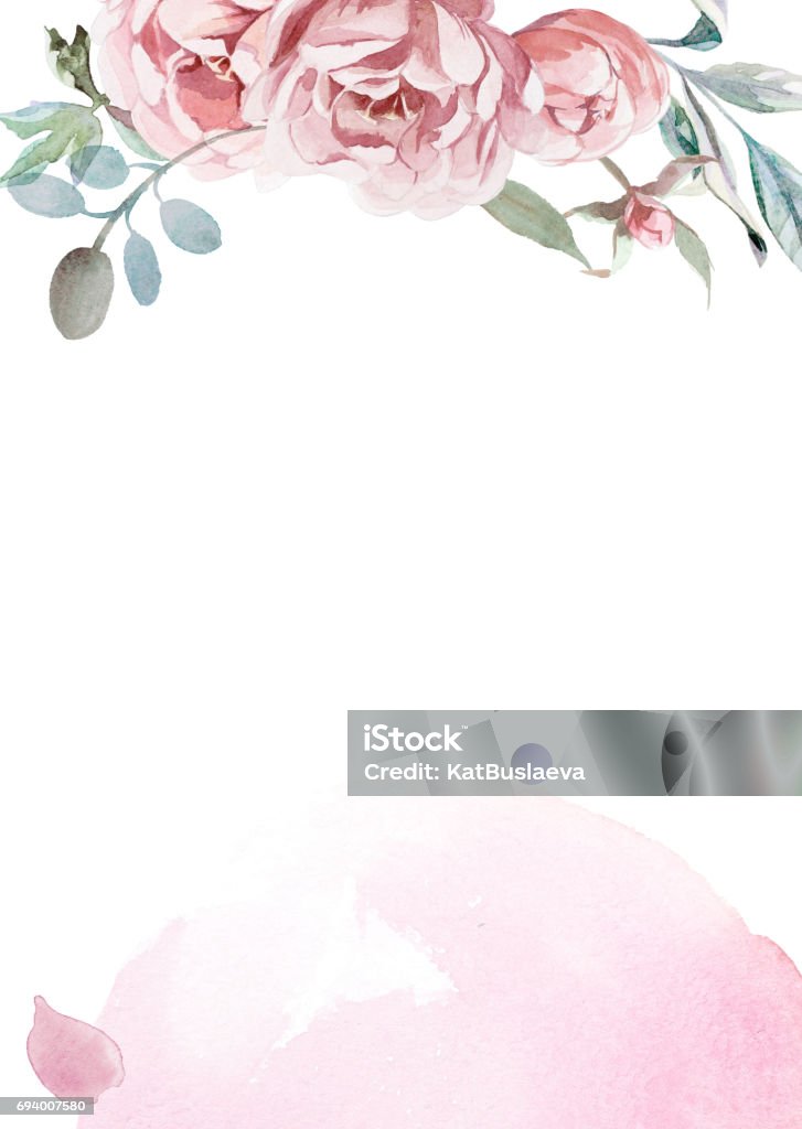 aquarela peônias luz rosa, rosas com grama cinza em fundo branco para cartão de cumprimentos - Ilustração de Flor royalty-free