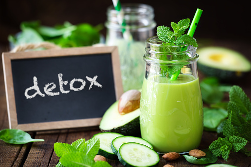 Green detox smoothie with avocado, cucumber and fresh mint