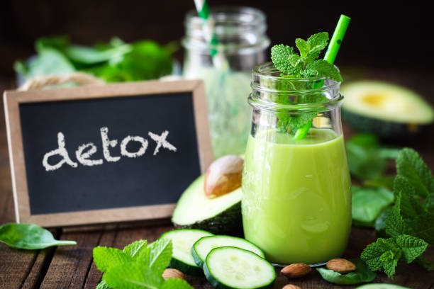 Avocado and cucumber detox smoothie stock photo