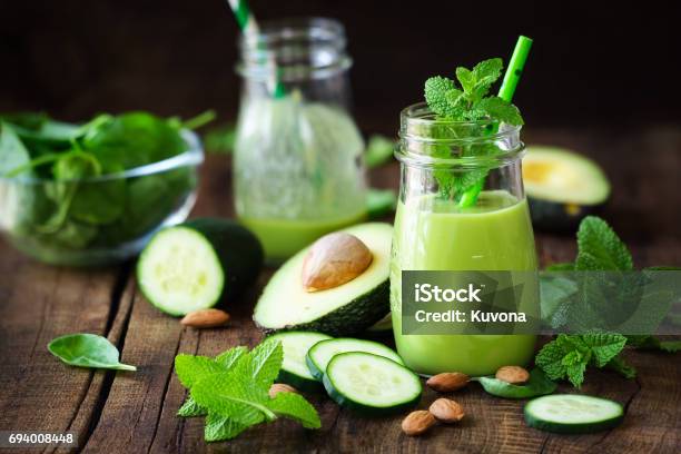 Avocado And Cucumber Detox Smoothie Stock Photo - Download Image Now - Smoothie, Avocado, Vegetable