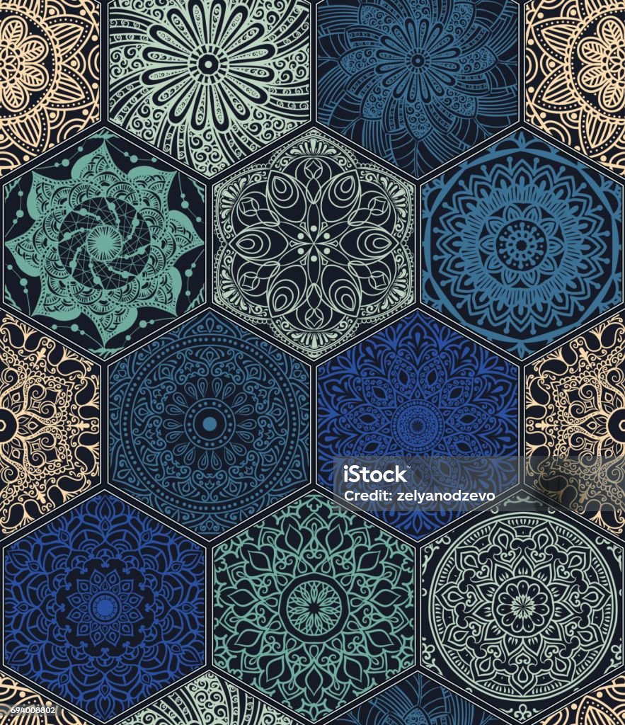 Oriental seamless pattern Oriental seamless pattern in style of colorful floral patchwork boho chic with mandala in hexagon elements Islam stock vector