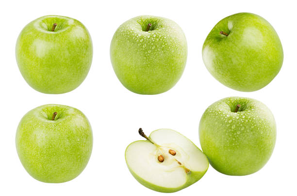 istock Green apple set collection with water drops isolated on white background. 694009256
