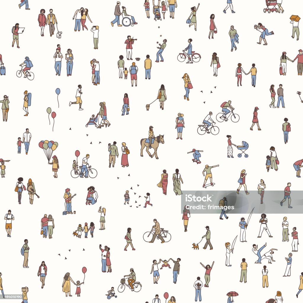 Seamless pattern of tiny people Seamless pattern of tiny people: pedestrians in the street, a diverse collection of small hand drawn men and women walking through the city Pattern stock vector