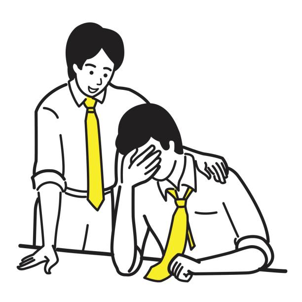 Comforting friend at work Businessman consoling his friend or workmate who stressed, upset, and in bad emotion, by putting hand on shoulder. Concept of partnership, friendship, consoling. office buddies stock illustrations