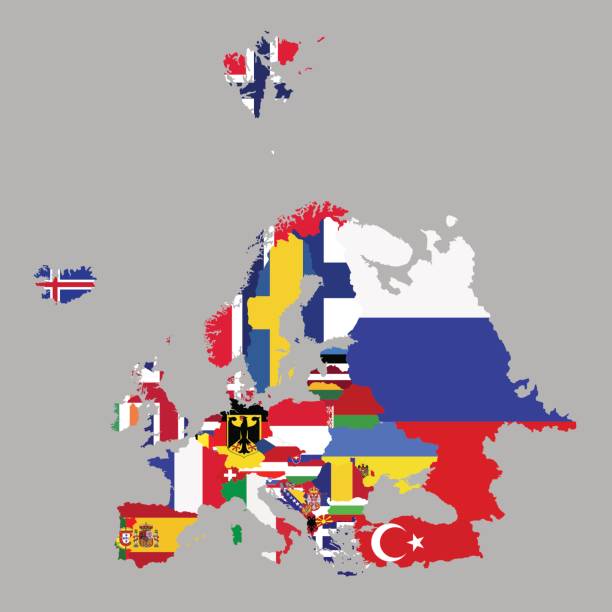 istock Territory of Europe with country flags on a grey background 694019292