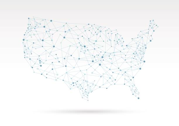 USA blue modern network map on white background vector art illustration