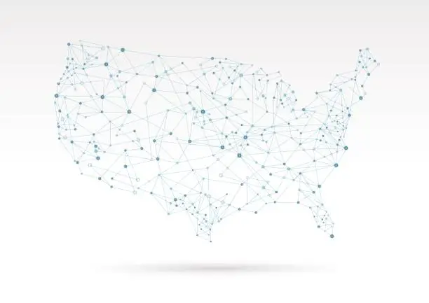Vector illustration of USA blue modern network map on white background