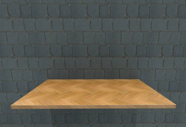istock Empty top hardwood shelves and cobblestone wall background. For product display 694019994