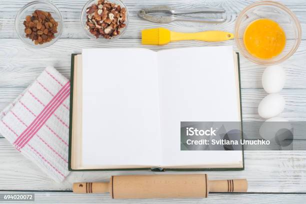 Recipe Cook Blank Book On Wooden Background Spoon Rolling Pin Checkered  Tablecloth Stock Photo - Download Image Now - iStock