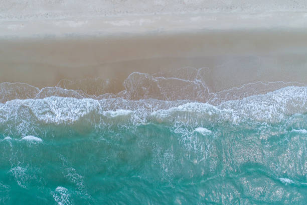 Beach on aerial drone top view with ocean waves reaching shore.