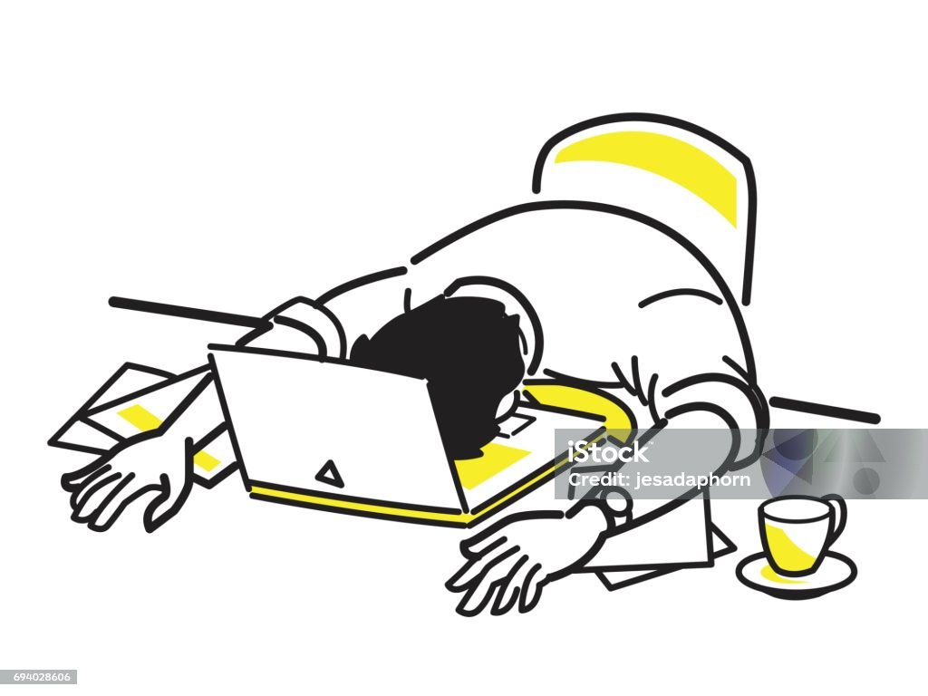 Very tired at work Vector illustration character of tired businessman sleeping on laptop, at his desk, presenting to overloaded working, exhausted, weary. Line draw style, simple design. Working stock vector